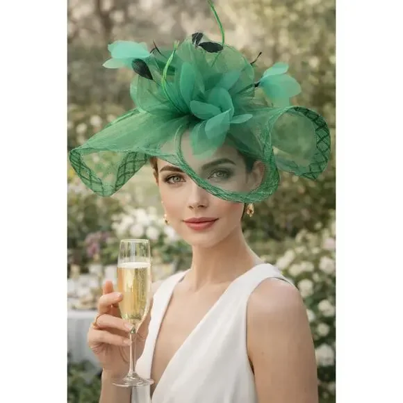 SOLD Emerald Derby FascinatorvFloral Statement Hat Race Day Wedding Guest Garden - Picture 8 of 12